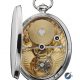The rear view of the Urban Jürgensen oval tourbillon pocket watch from 1991 by Derek Pratt reveals the remontoir tourbillon with spring detent escapement; this movement is wound by key