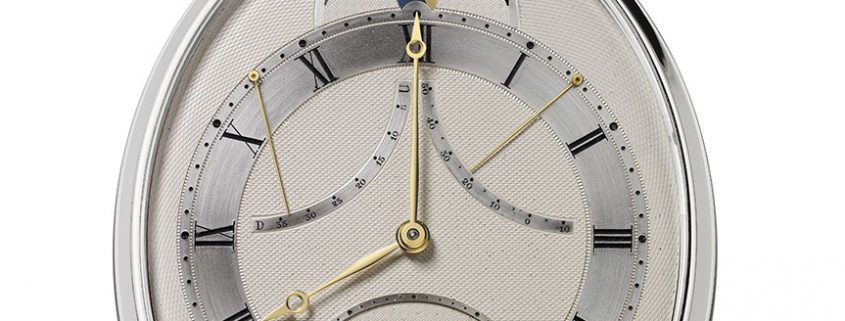 Front view of the Urban Jürgensen oval tourbillon pocket watch from 1991 by Derek Pratt in its original silver case; Pratt engine-turned the dial made from a single piece of silver by hand himself