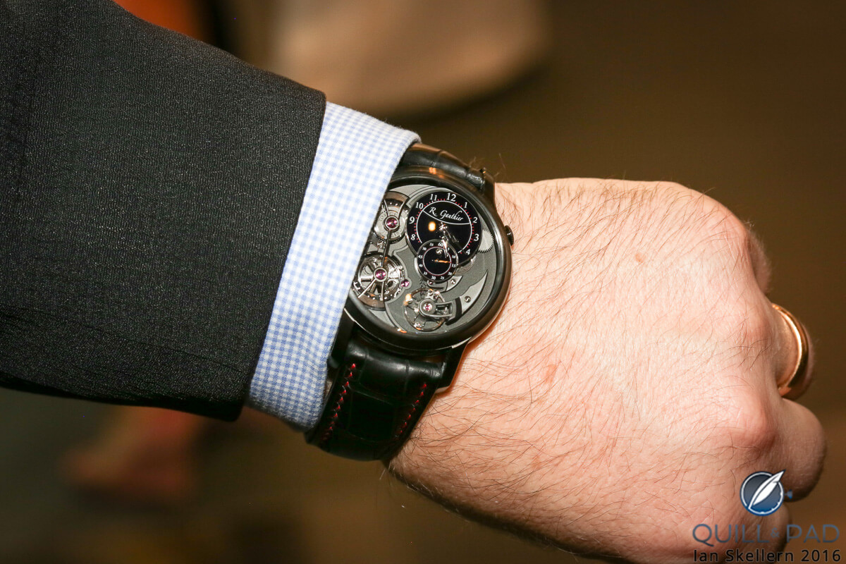 The Romain Gauthier Logical One on the wrist of its maker at Dubai Watch Week 2016
