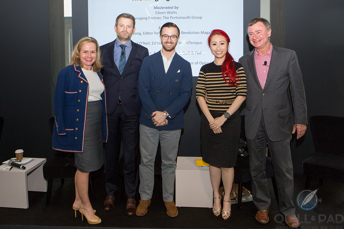 Eileen Wallis (Portsmouth Group), Paul O’Neil (Worldtempus), Steven Pulvirent (Hodinkee), Suzanne Wong (Revolution), and Ian Skellern (Quill & Pad) at one of the popular panels during Dubai Watch Week 2016