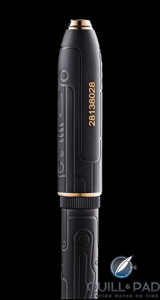 Serial number of destroyed AK47 engraved on the cap of the Fonderie 47 Cross Peerless Collector’s Edition Pen