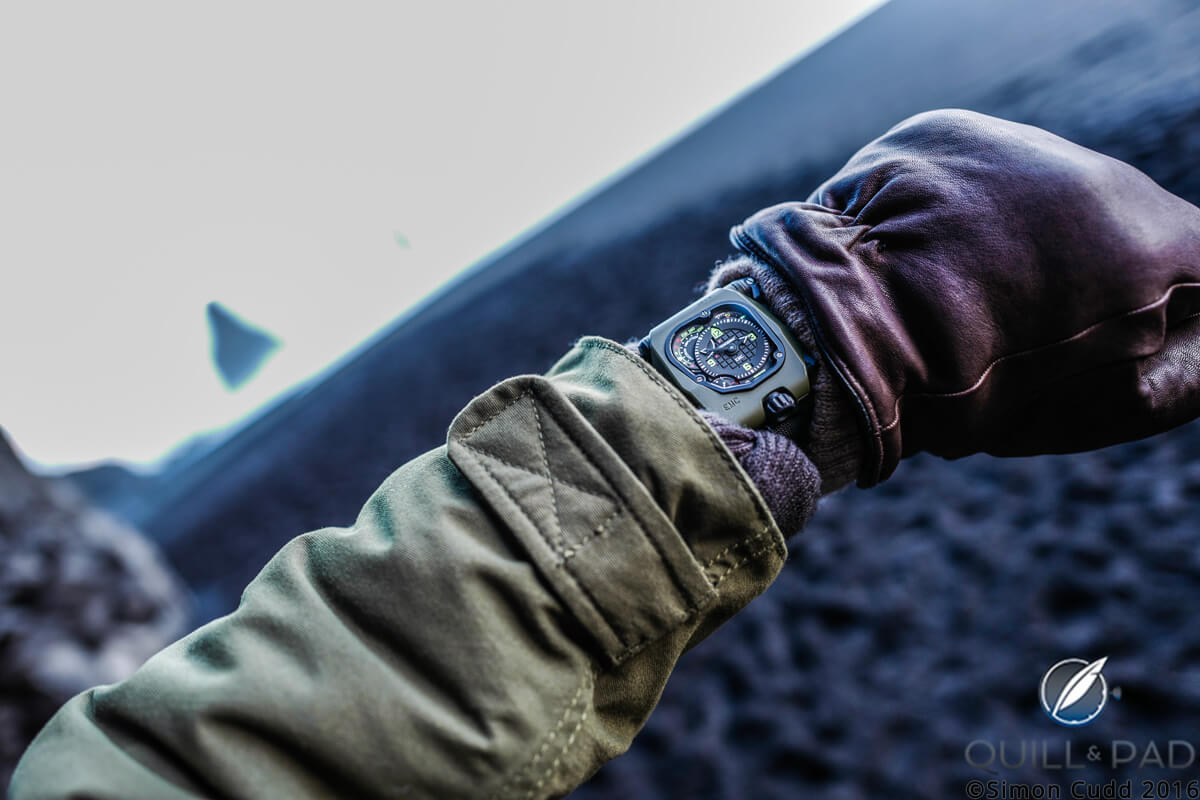 The Urwerk EMC Time Hunter on a well wrapped wrist in Iceland