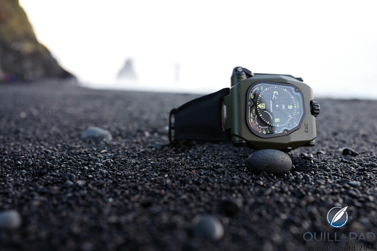 Urwerk EMC Time Hunter on the beach in Iceland