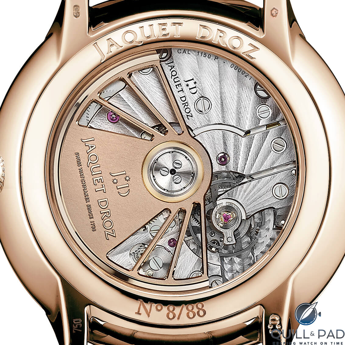 View through the display back of the Jaquet Droz Grande Heure Minute Quantième Meteorite