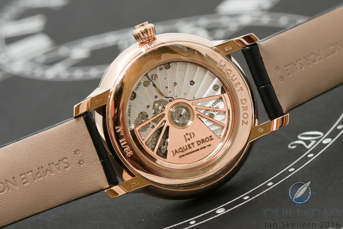 View through the display back of the Jaquet Droz Grande Séconde Quantième Meteorite