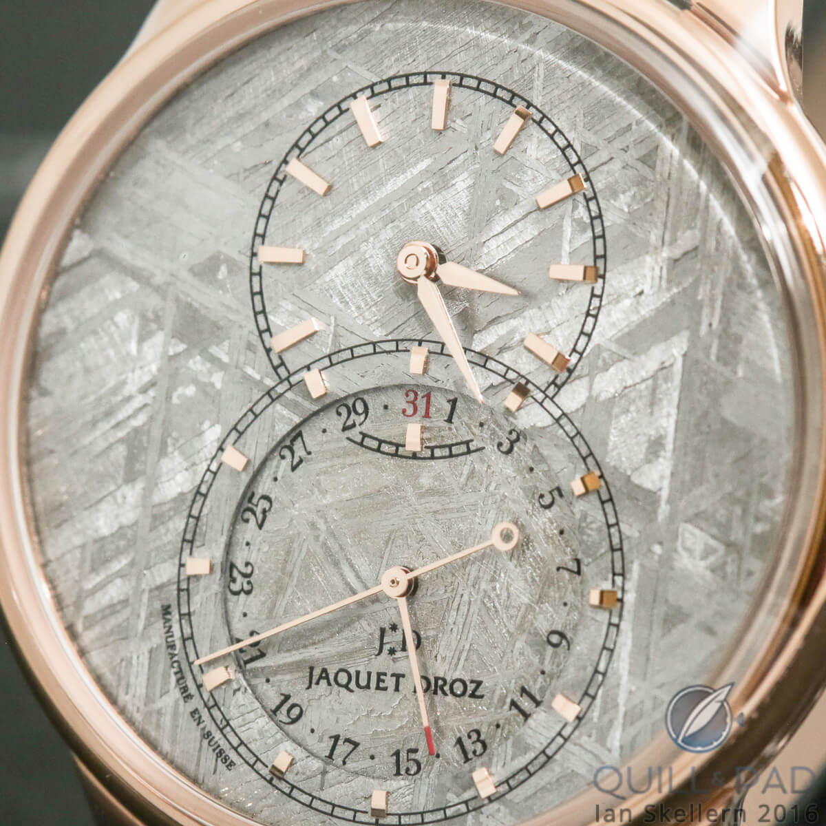 Close up look at the dial of the Jaquet Droz Grande Séconde Quantième Meteorite