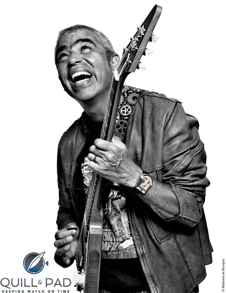 Laurent Picciotto of Chronopassion playing guitar with an Urwerk UR-202 on his wrist
