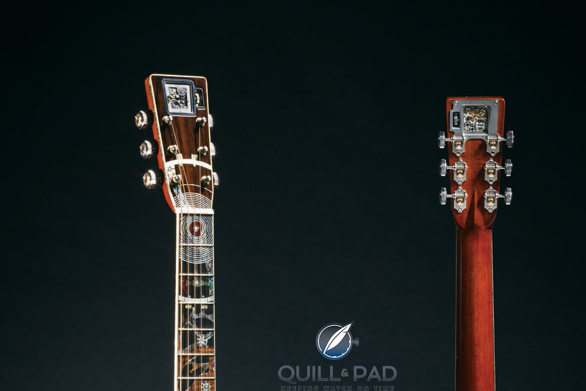 Front and back of the head of the Martin two millionth guitar with embedded unique piece RGM watch