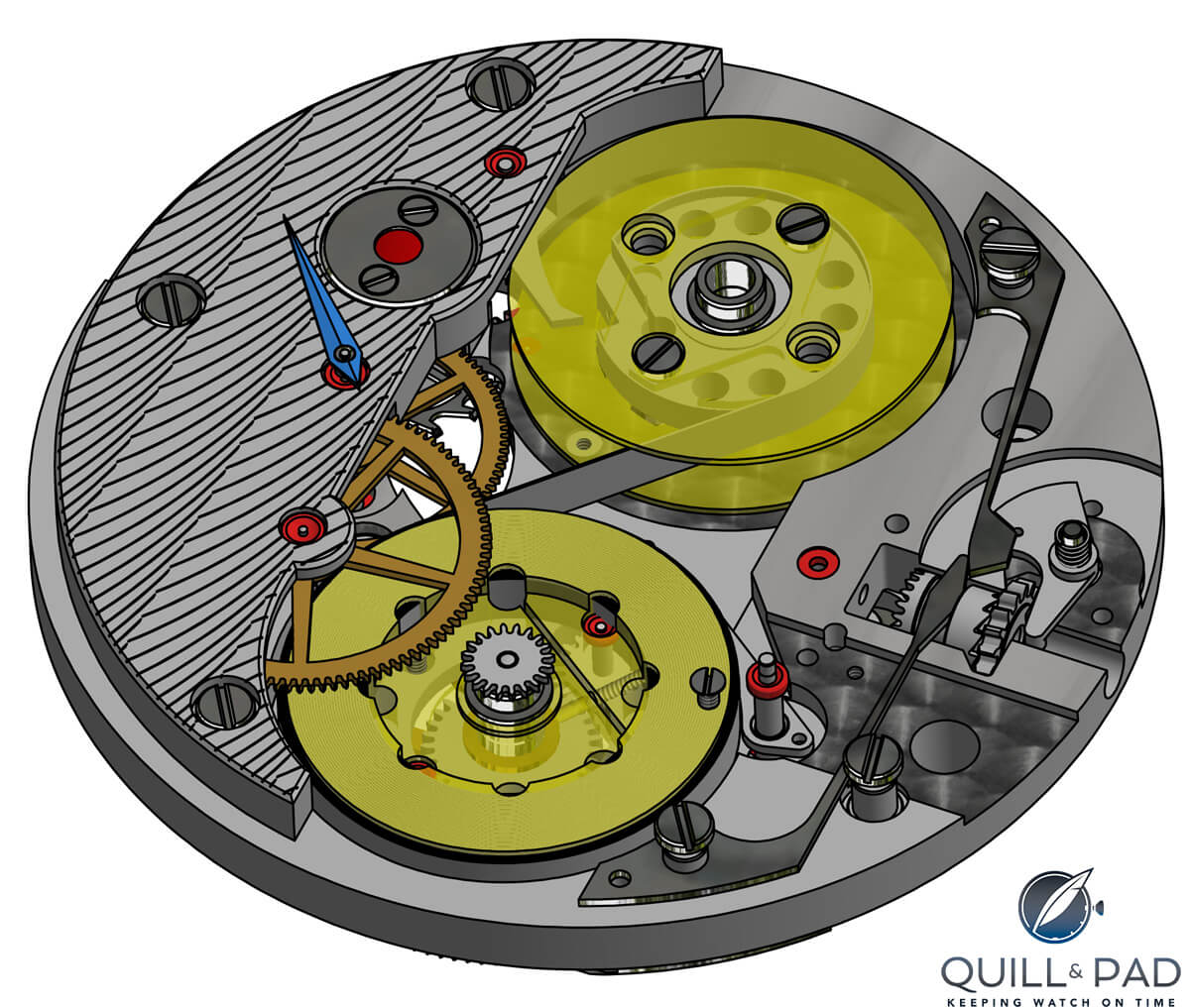 Drawing showing how the large constant force mainspring fits into the Oscillon l’Instant de Vérité movement