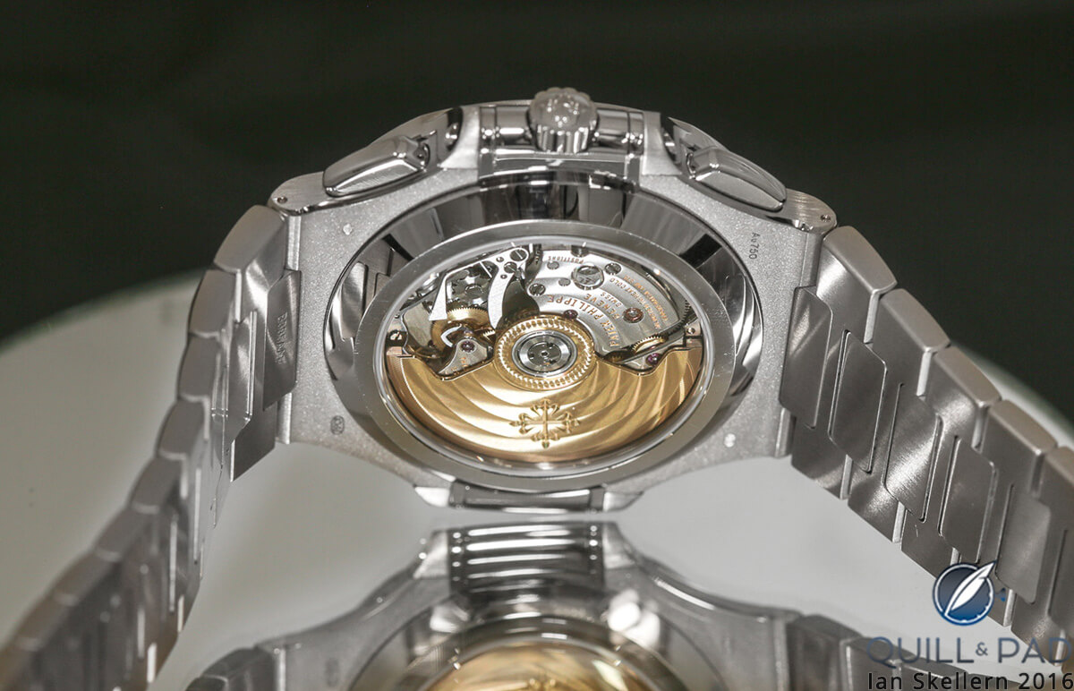View through the display back of the Patek Philippe 40th Anniversary Nautilus Chronograph in white gold, Ref. 5976/1G