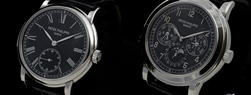 Two of a kind: the Patek Philippe 5078P (at left) and 5074P minute repeaters