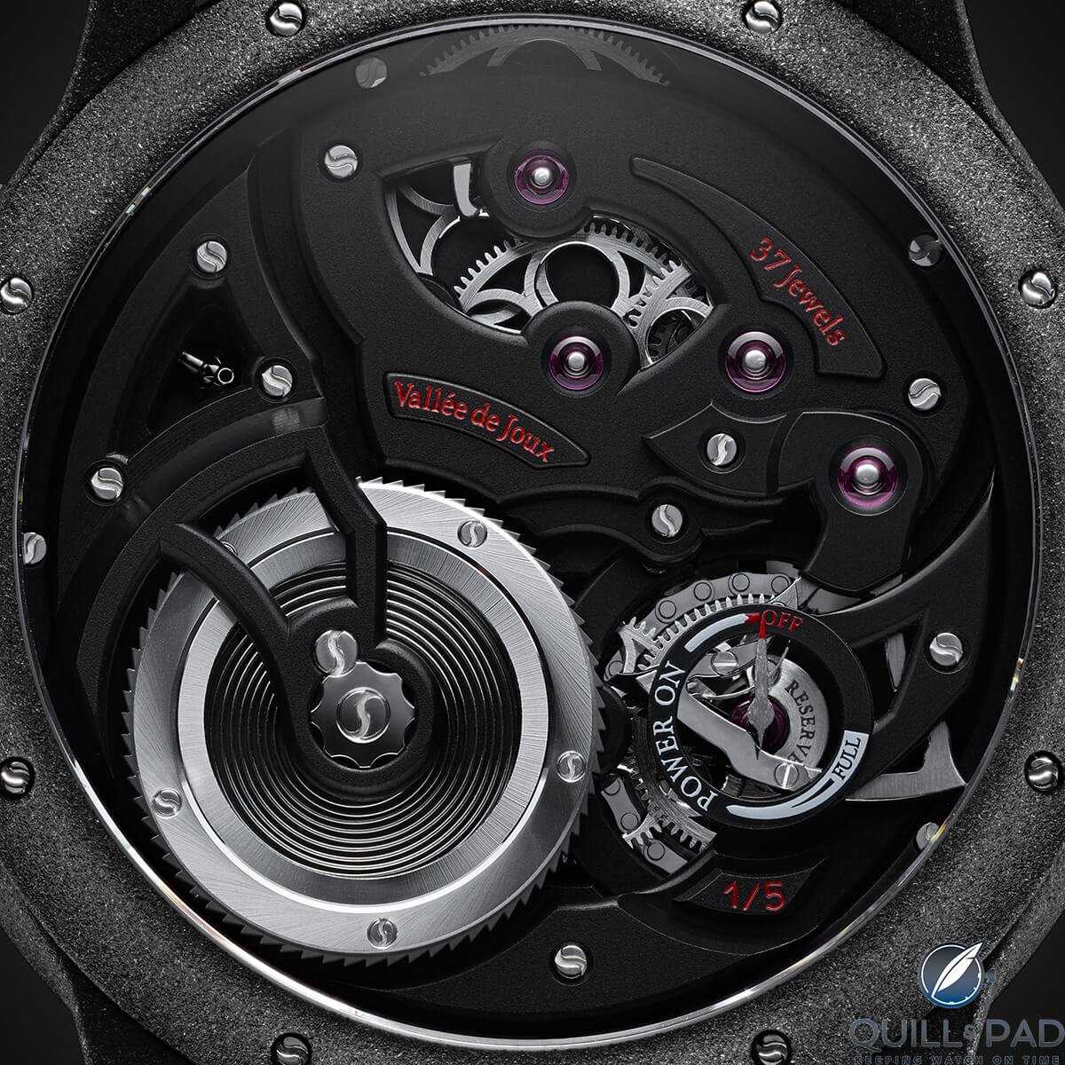 Close up look through the display back of Romain Gauthier's Logical One Engraged
