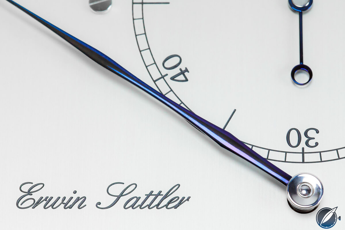 Sculptured blued-steel hand of the Sattler Classica Secunda 1985 (photo courtesy Hartmut Kraft)
