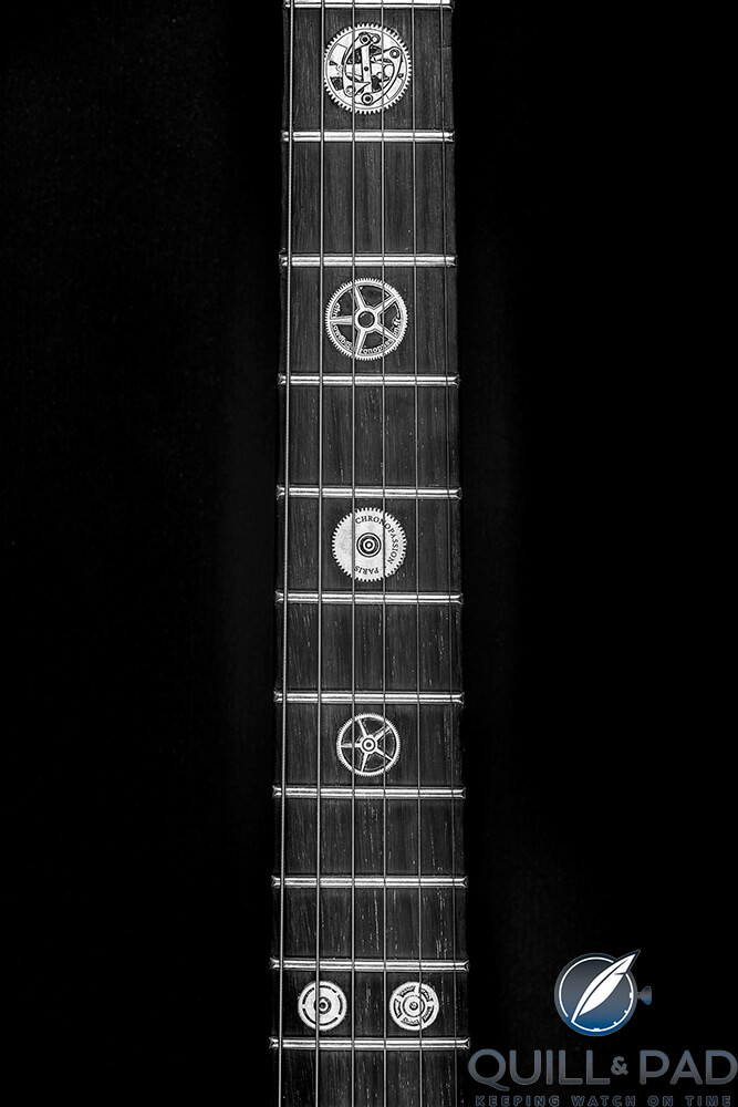 Watch components embedded in the neck of the new-T Chronopassion guitar