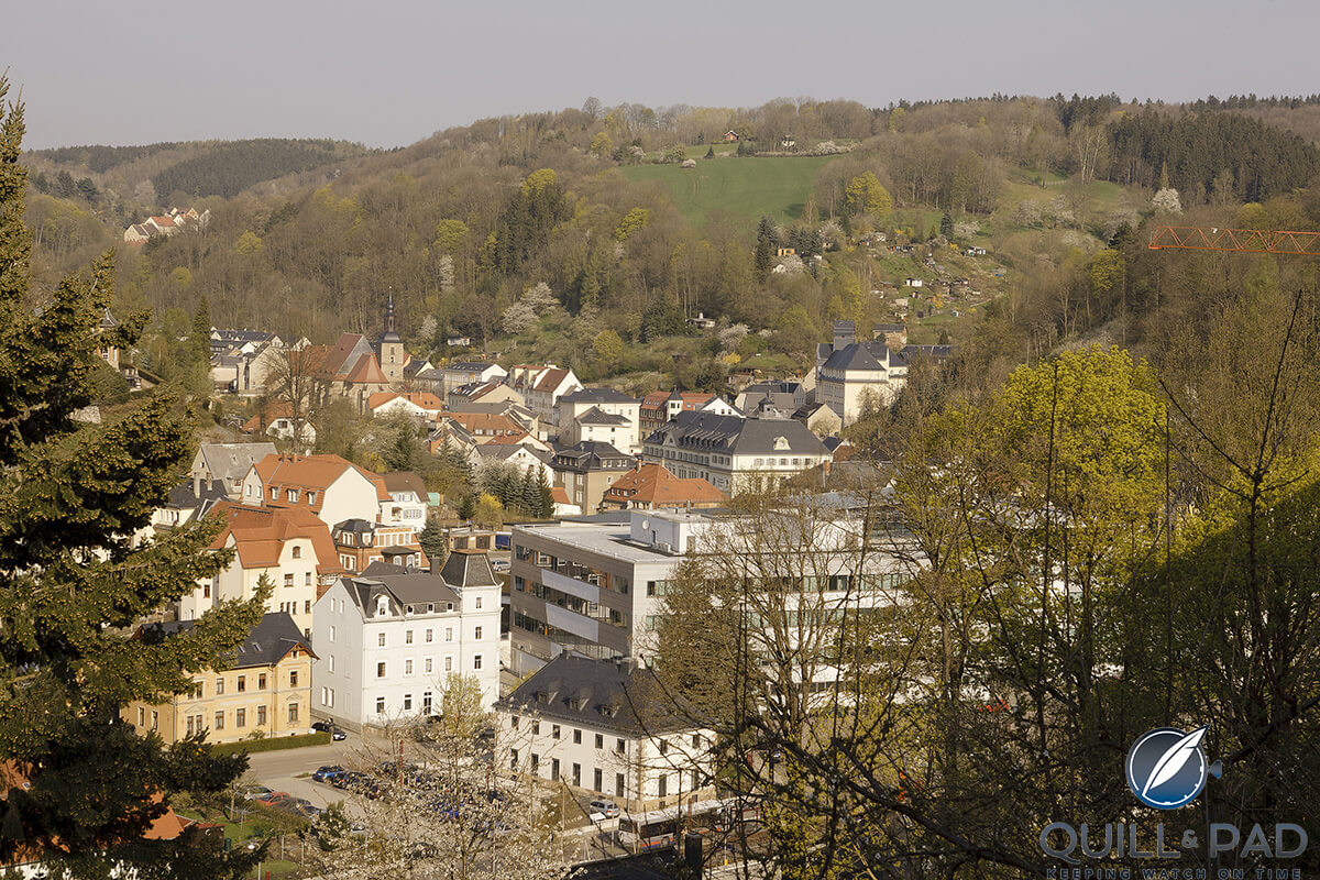 A view of modern Glashütte: the refurbished Glashütter Uhrenbetrieb (Glashütte Original) factory building is the large one at right