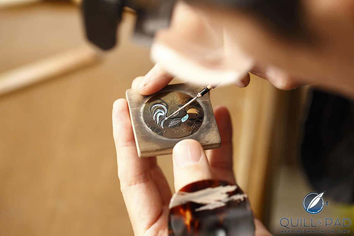 Painting the dial of the Chopard L.U.C XP Urushi Year of the Rooster