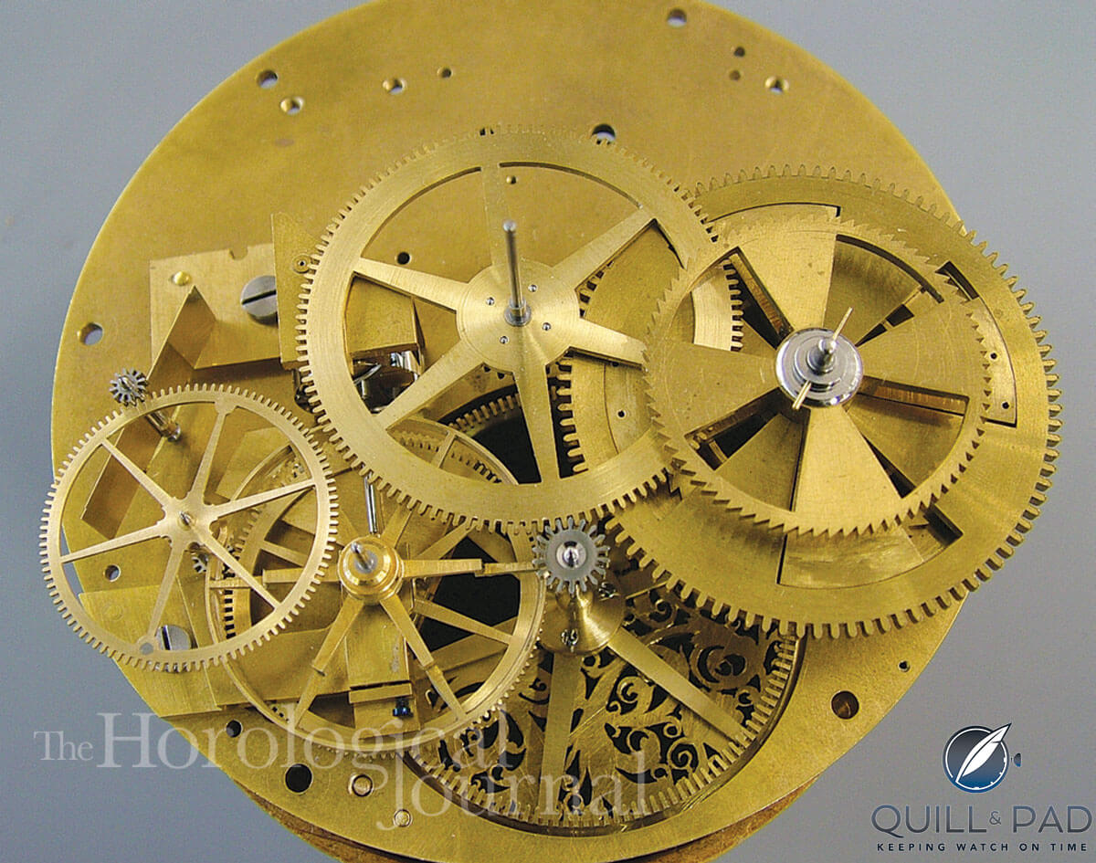 Fourth wheel junction where drive is given to the remontoir; the contrate wheel and to the centre seconds wheel