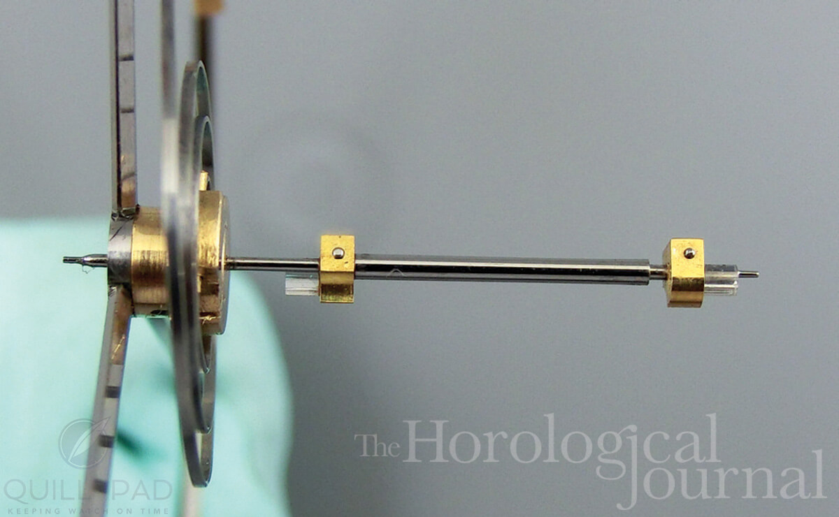 The diamond pallets in their holders on the staff for Derek Pratt's John Harrison H4 reconstruction