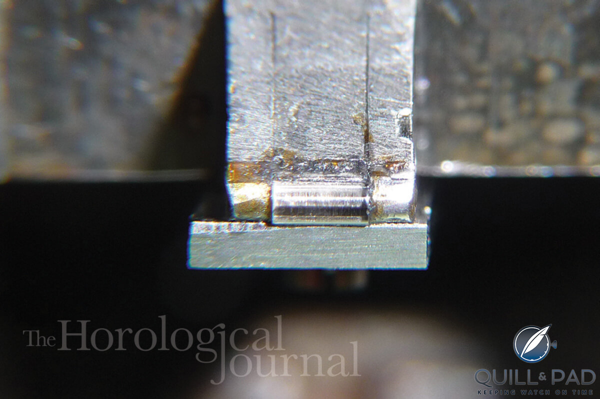 The diamond for the pallets for Derek Pratt's H4 reconstruction is clamped in the holder (photo courtesy British Horological Journal)