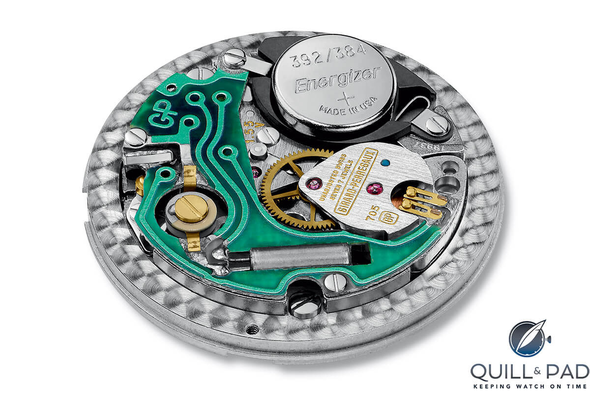 Caliber 705, a modified version of the for-the-time-revolutionary Girard-Perregaux 350 quartz movement developed in 1971