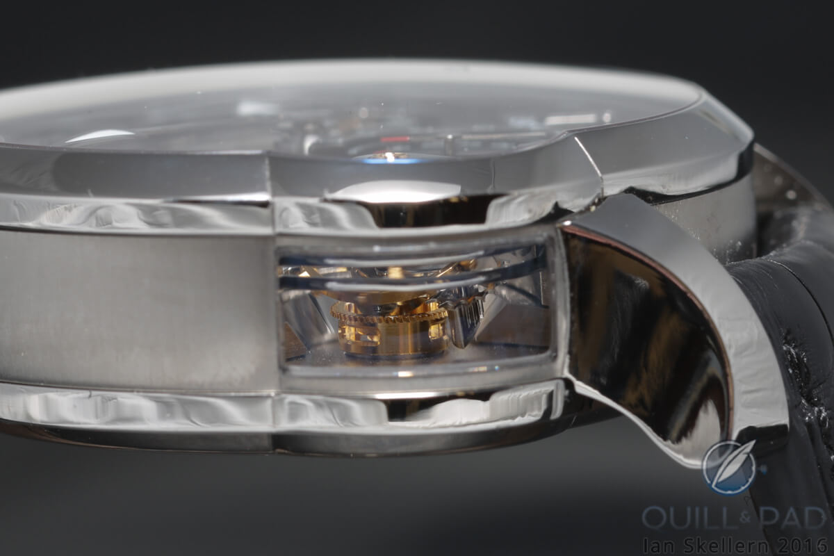 One of the two cathedral gongs is visible at the top of the caseband window offering views to the 24-second tourbillon of the Greubel Forsey Grande Sonnerie
