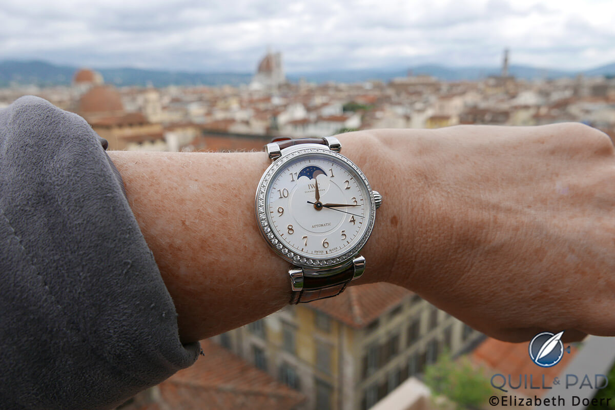 IWC Da Vinci Automatic Moon Phase 36 on the wrist overlooking Florence