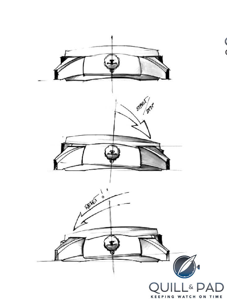 Technical sketch illustratrating how to activate the chronograph on the Jaeger-LeCoultre Amvox 2 Transponder DBS Chronograph