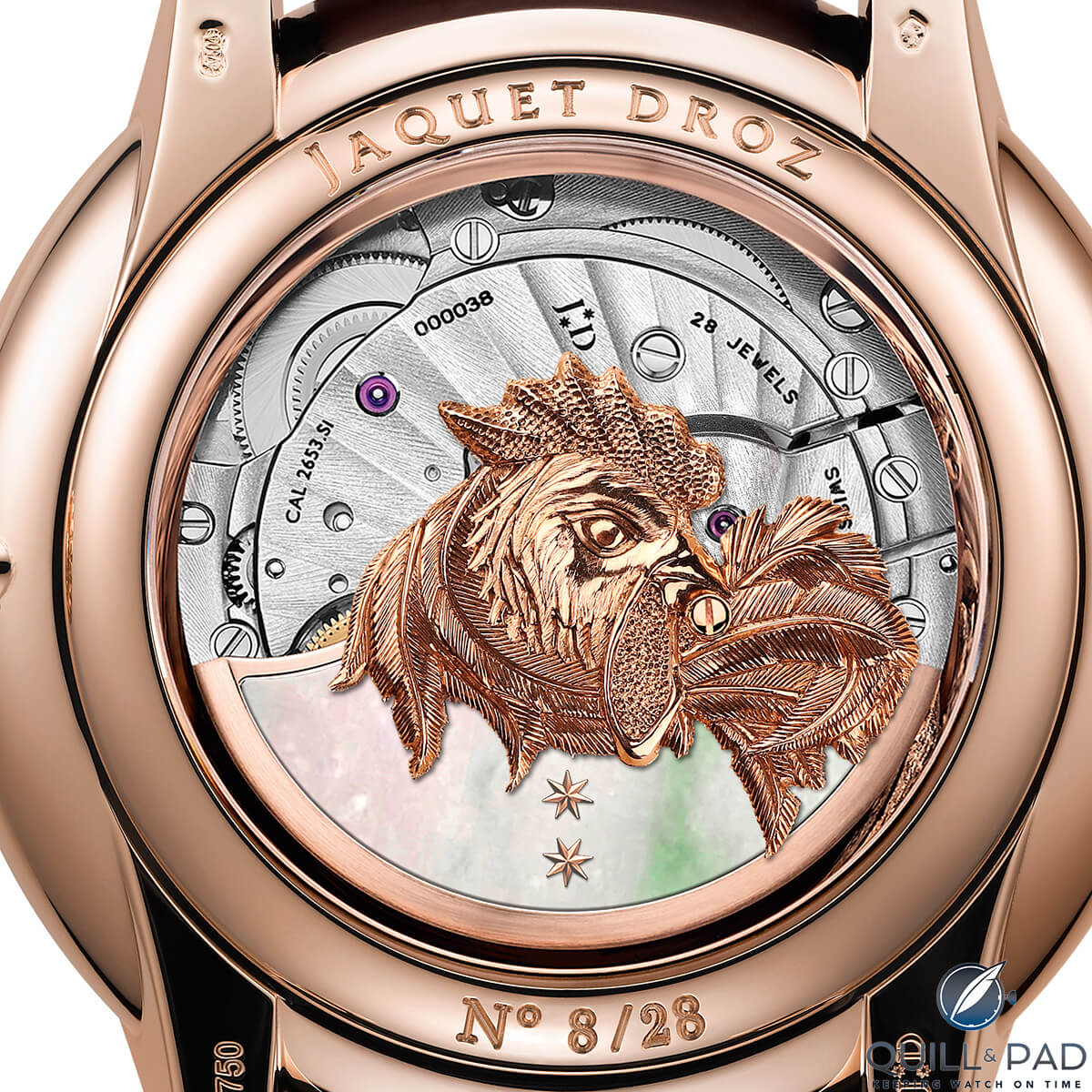 View through the display back of the Jaquet Droz Petite Heure Minute Relief Rooster