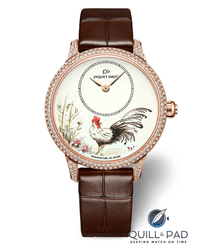 Jaquet Droz Petite Heure Minute Rooster with diamond-set bezel