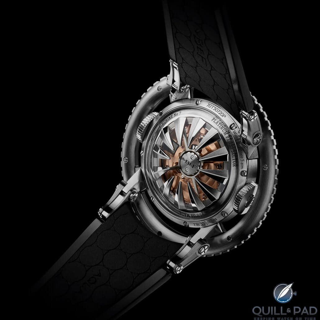 View through the display back of the MB&F HM7 Aquapod Ti Blue