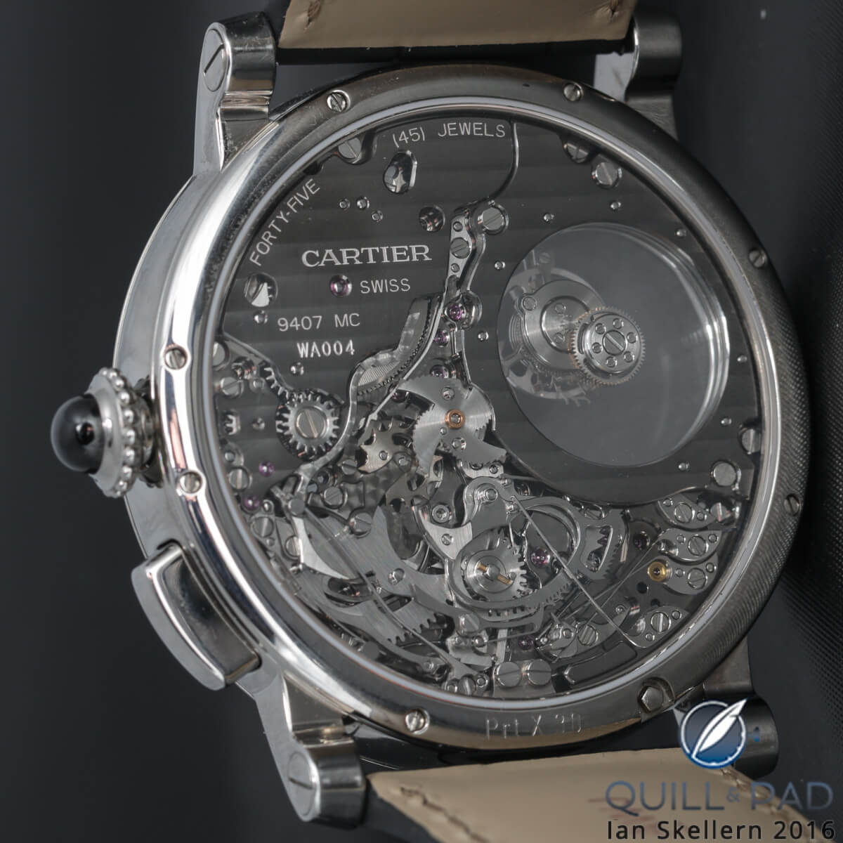 View through the display back to the intricate movement of the Cartier Rotonde de Cartier Repeater Mysterious Double Tourbillon