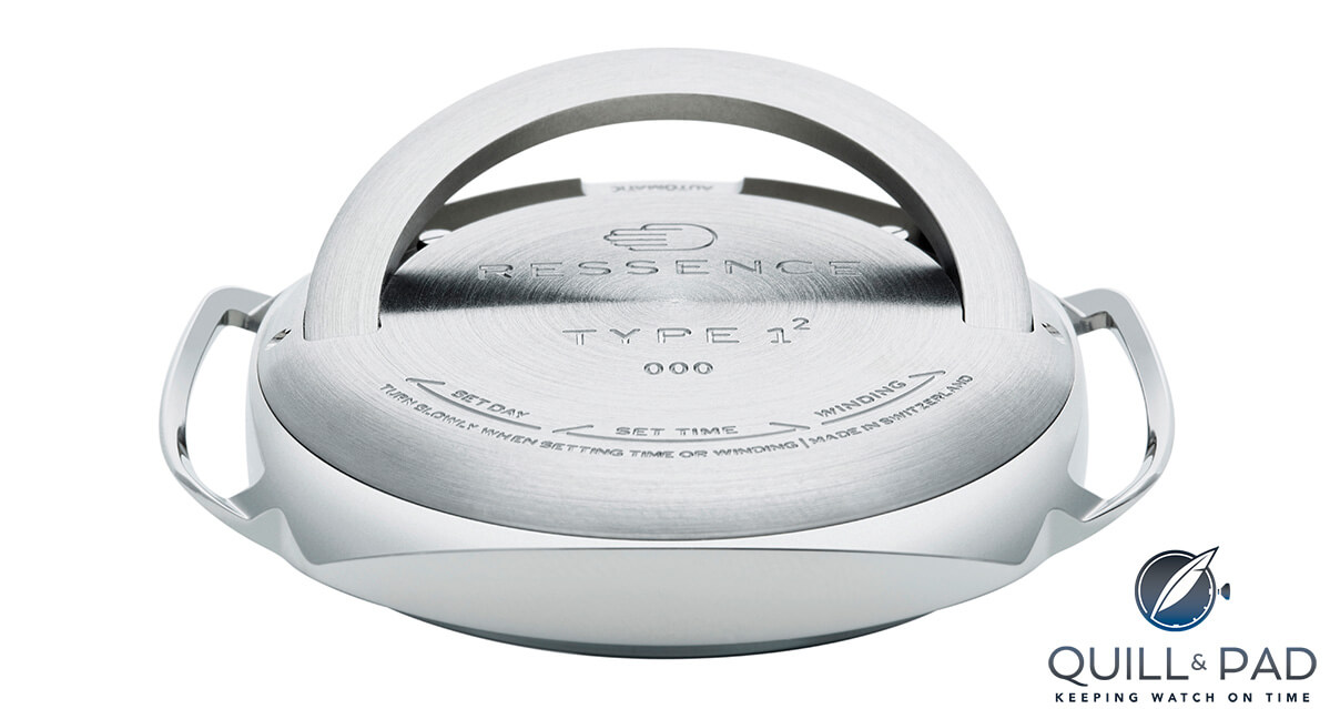 View of the back of the Ressence Type 1 Squared with the time setting bow folded out for use