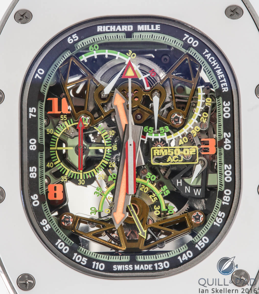 A close look through the Airbus window-shaped sapphire crystal of the Richard Mille RM 50-02 Airbus ACJ Tourbilon Split-Seconds