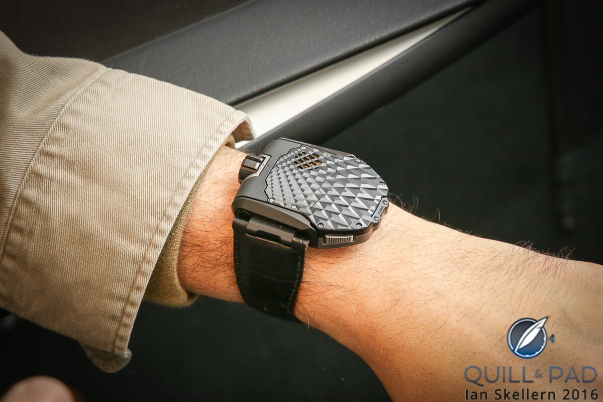 Urwerk UR-T8 on the wrist, protective shield side up