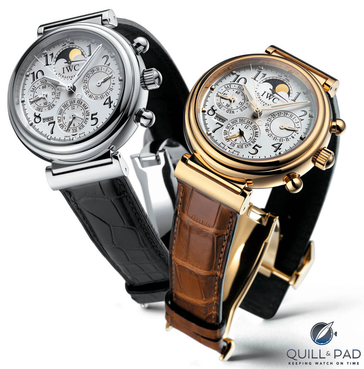 IWC DaVinci perpetual calendar in platinum (left) and red gold