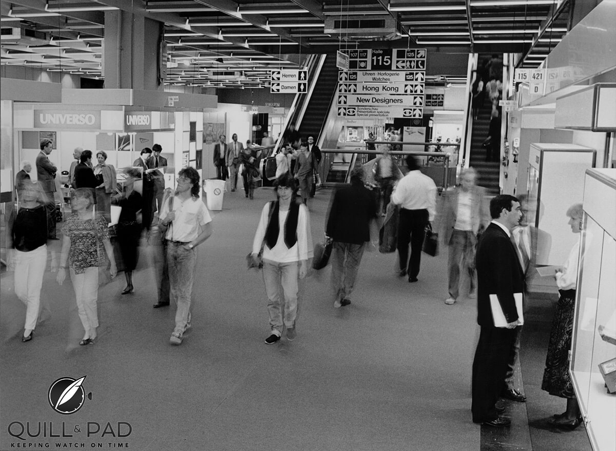 It’s obvious that exhibitors from outside Europe arrived at the Basel fair in 1986 thanks to the signs on this image (photo courtesy MCH Messe Basel)