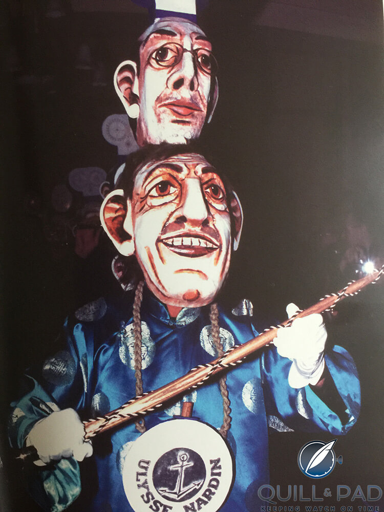 Former Ulysse Nardin owner Rolf Schnyder wore a caricatured mask featuring the faces of Ludwig Oechslin and himself during a ‘Fasnacht’ introduction of the original Freak at BASEL 02