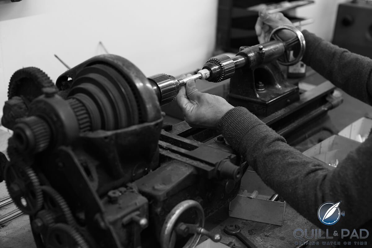 Turning pencil barrel on a lathe at Yard-O-Led