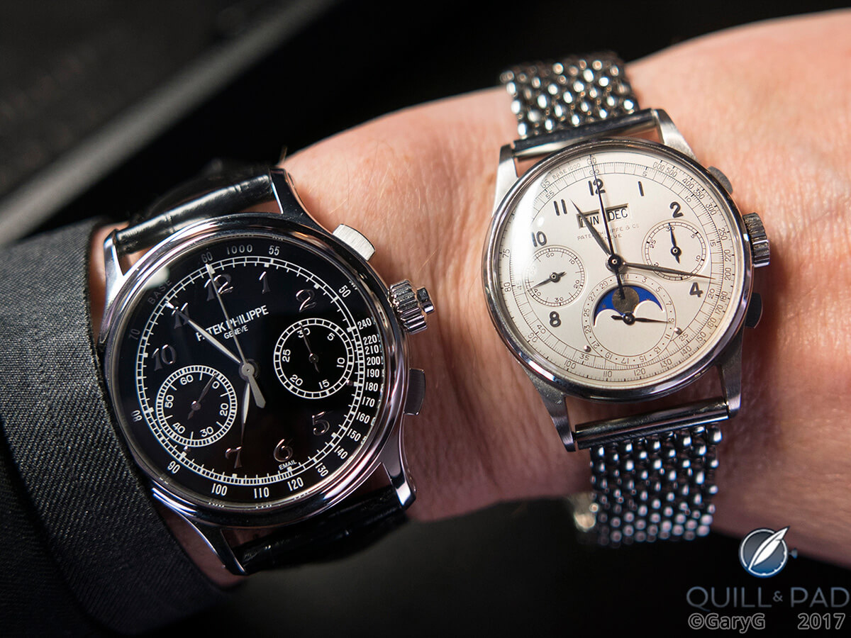 Modern and vintage classics: Patek Philippe Reference 5370P on the author’s wrist with Reference 1518 in stainless steel, November 2016