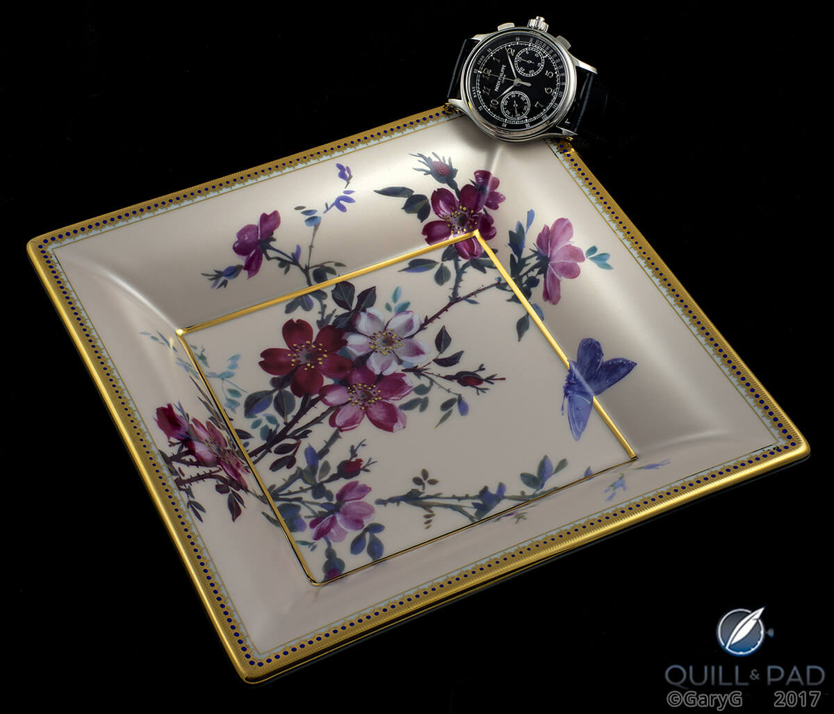 Part of the Patek Philippe experience: the author’s Reference 5370P and Patek Philippe-themed dish made by Limoges