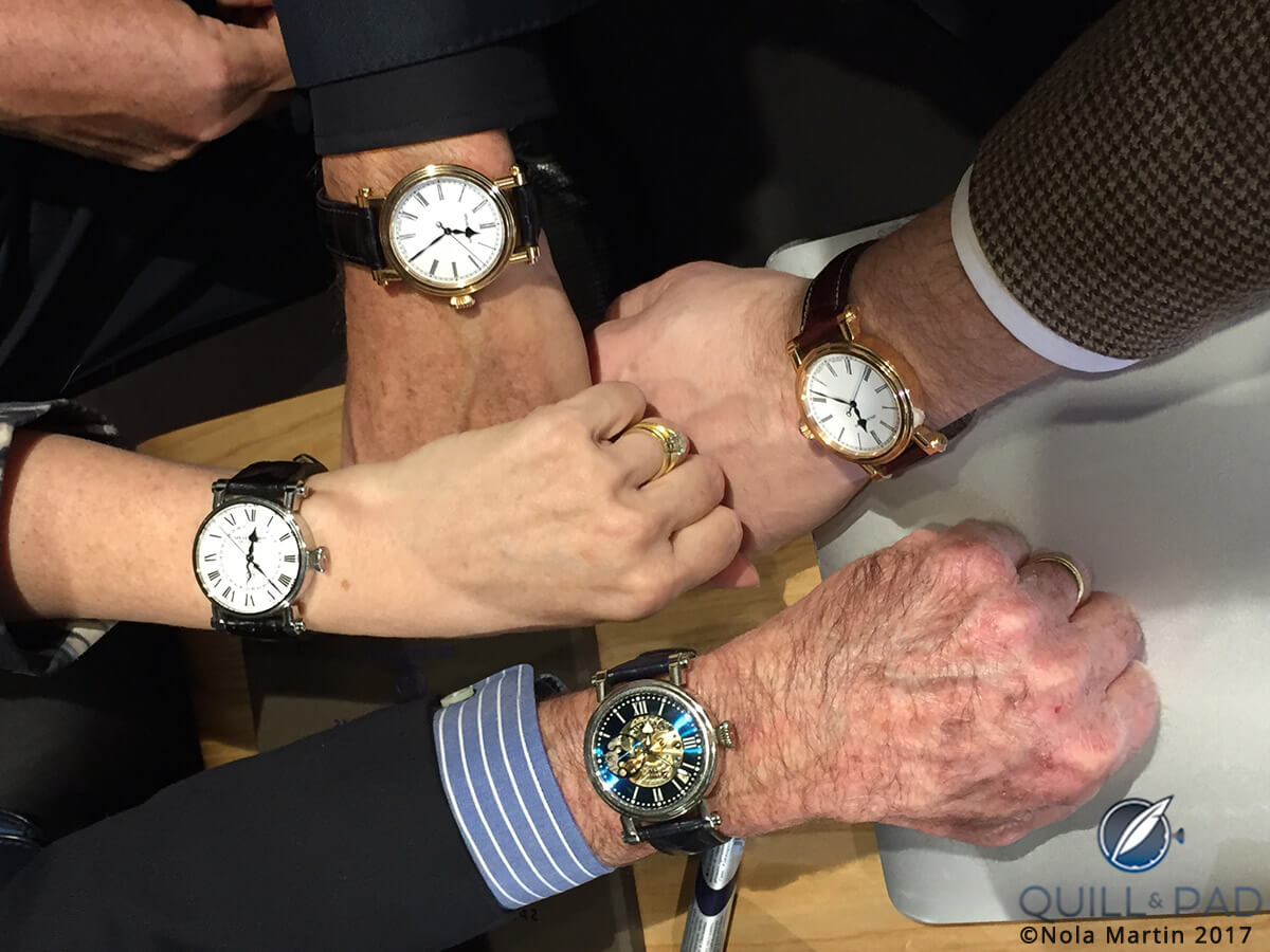 Speake-Marin wristshots featuring clockwise from top: Pierce Brosnan/Resilience, Peter Speake-Marin/Resilience, Ian Skellern/Thalassa, Elizabeth Doerr/Serpent Calendar