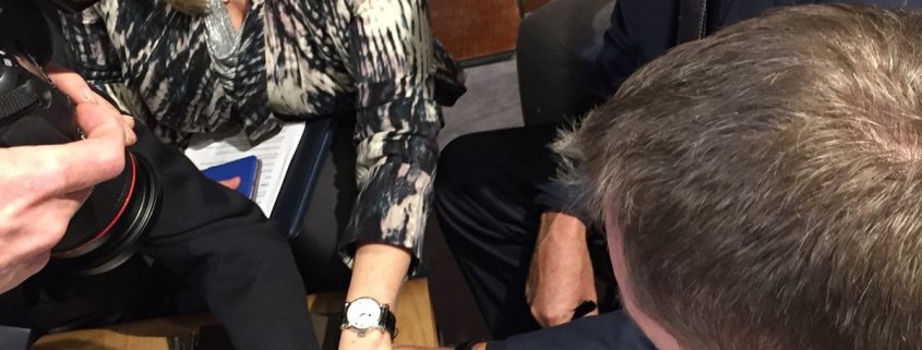 Speake-Marin wristshots featuring clockwise from top: Pierce Brosnan/Resilience, Peter Speake-Marin/Resilience, Ian Skellern/Thalassa, Elizabeth Doerr/Serpent Calendar