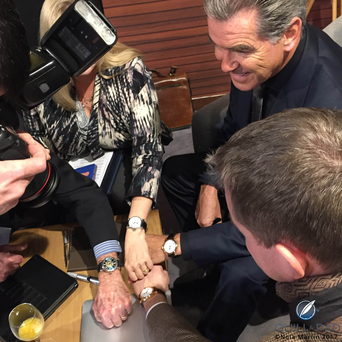 Speake-Marin wristshots featuring clockwise from top: Pierce Brosnan/Resilience, Peter Speake-Marin/Resilience, Ian Skellern/Thalassa, Elizabeth Doerr/Serpent Calendar