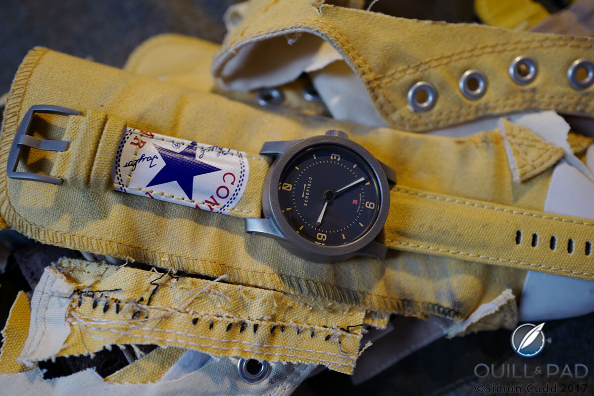 Yellow Converse watch strap on Schofield Signalman DLC