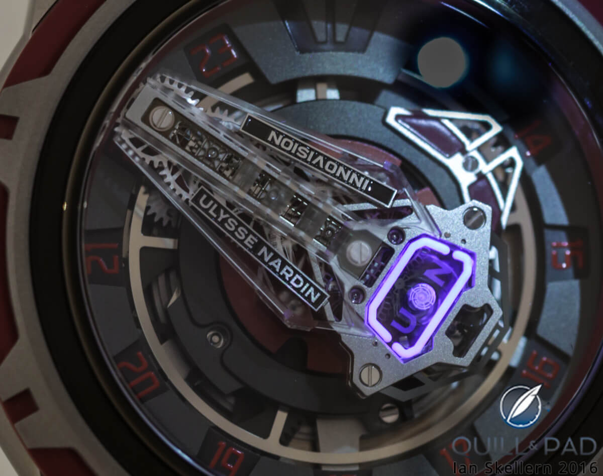 Super-LumiNova glowing in the glass bridge of the Ulysse Nardin Innovision 2 