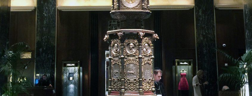 Clock in the lobby of the Waldorf Astoria hotel, New York