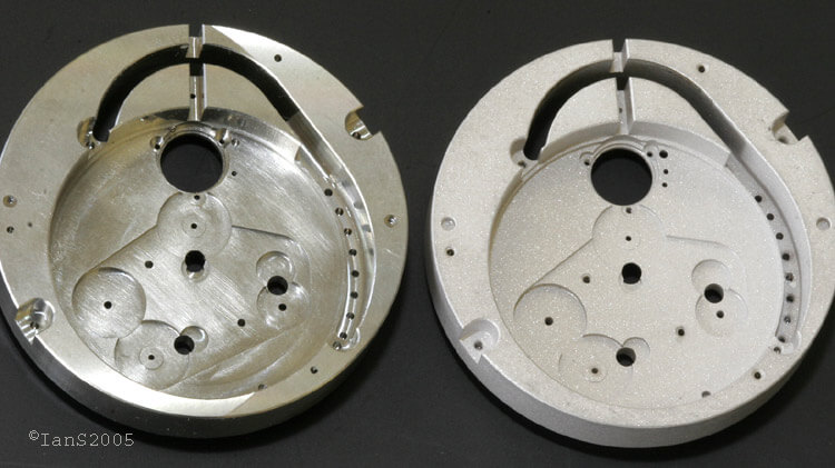 Before and after finishing of the ARCAP baseplate for the Harry-Winston Opus V by Urwerk
