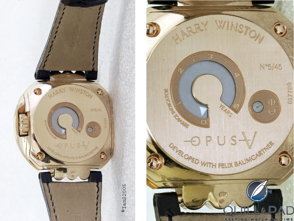 Power reserve and timing precision adjustment screw on the back of the Harry Winston Opus V