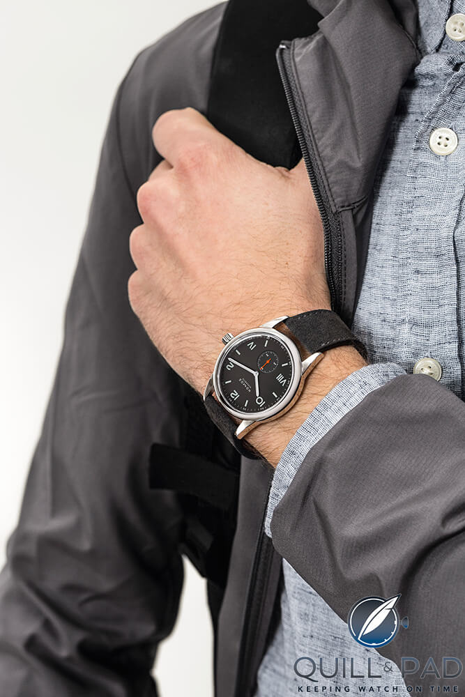 The Nomos Glashütte Club 38 Campus Nacht on the wrist