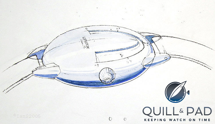 An early sketch by Martin Frei of what would become the Urwerk's first watch, the UR-101